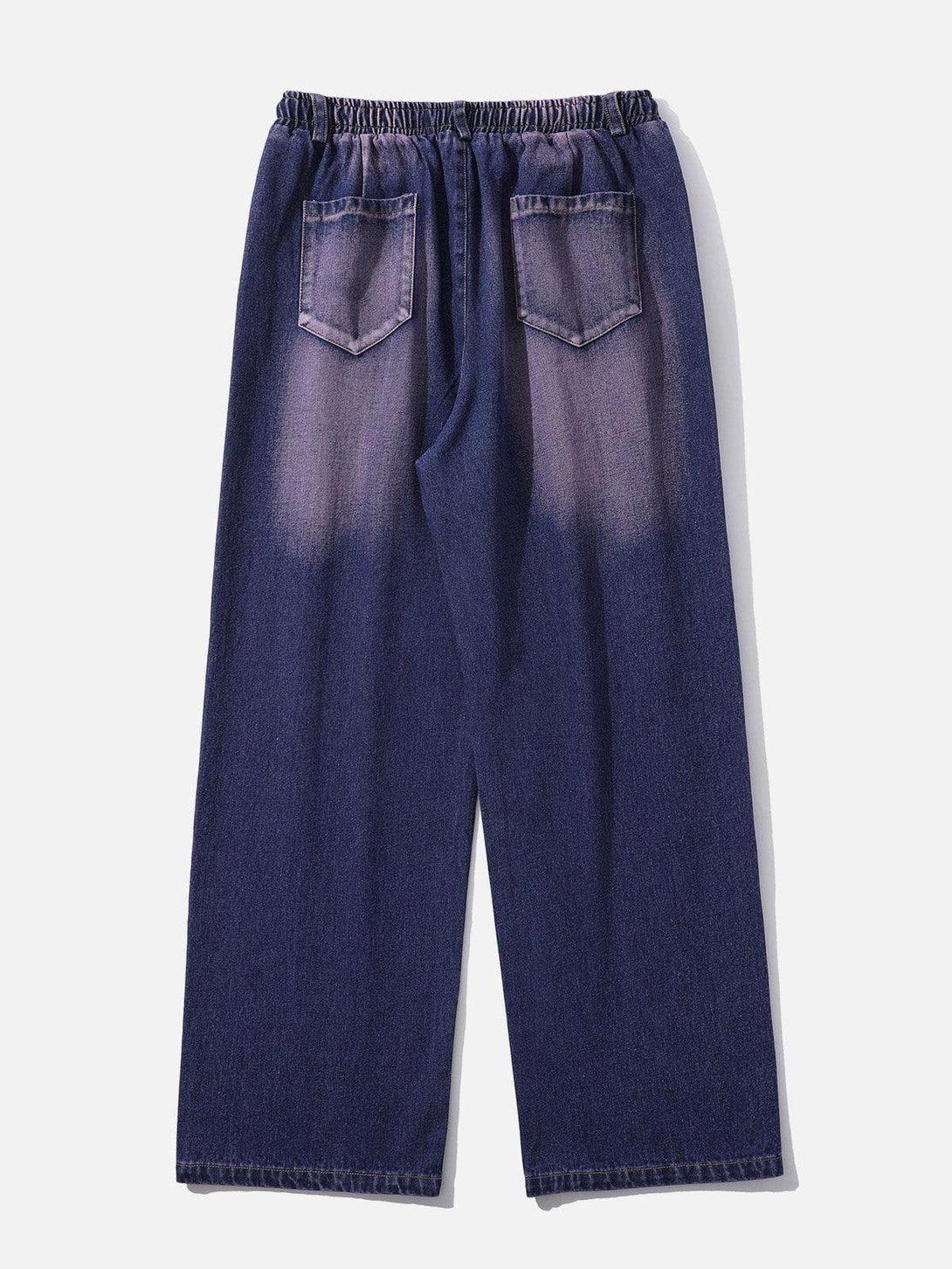 Back view of blue splash ink washed loose jeans featuring pocket details by TALISHKO.