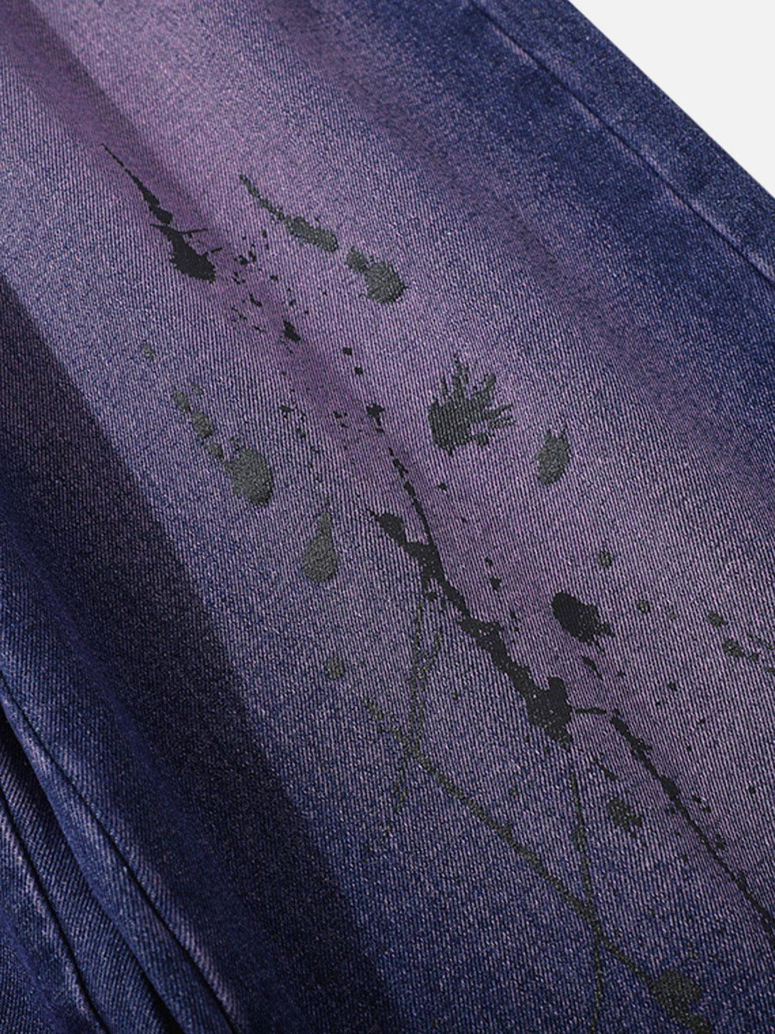 Detailed fabric and splash ink design on purple jeans by TALISHKO, showcasing unique style.
