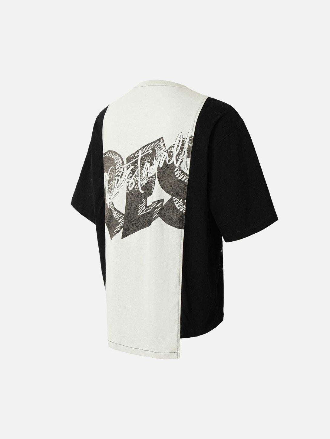Rear angle showcasing TALISHKO's spliced deconstruction print T-shirt with bold monochrome design.