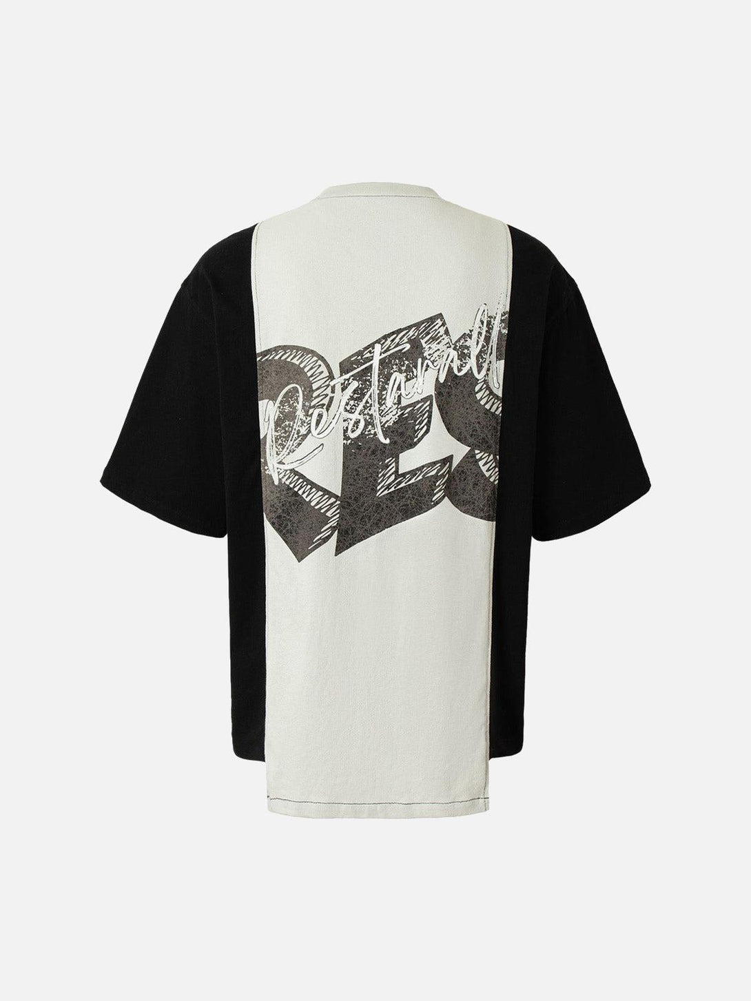 Back view of TALISHKO's spliced deconstruction print T-shirt, ideal for trendy summer style.