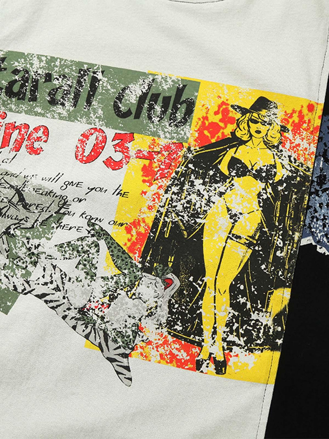 A vibrant close-up of TALISHKO's spliced deconstruction print T-shirt, highlighting edgy graphics.