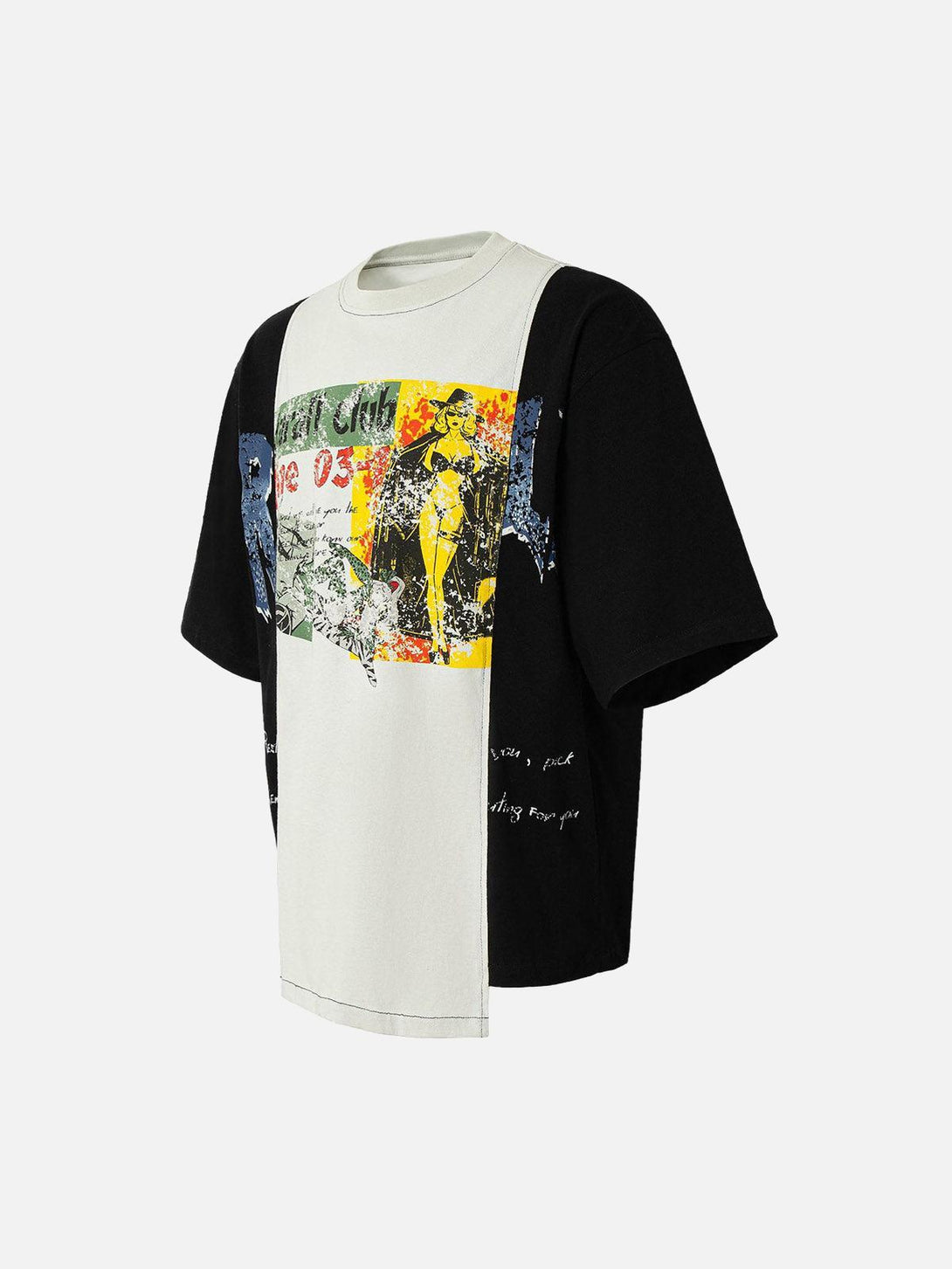 Side view of TALISHKO's spliced deconstruction print T-shirt, featuring bold graphic details.