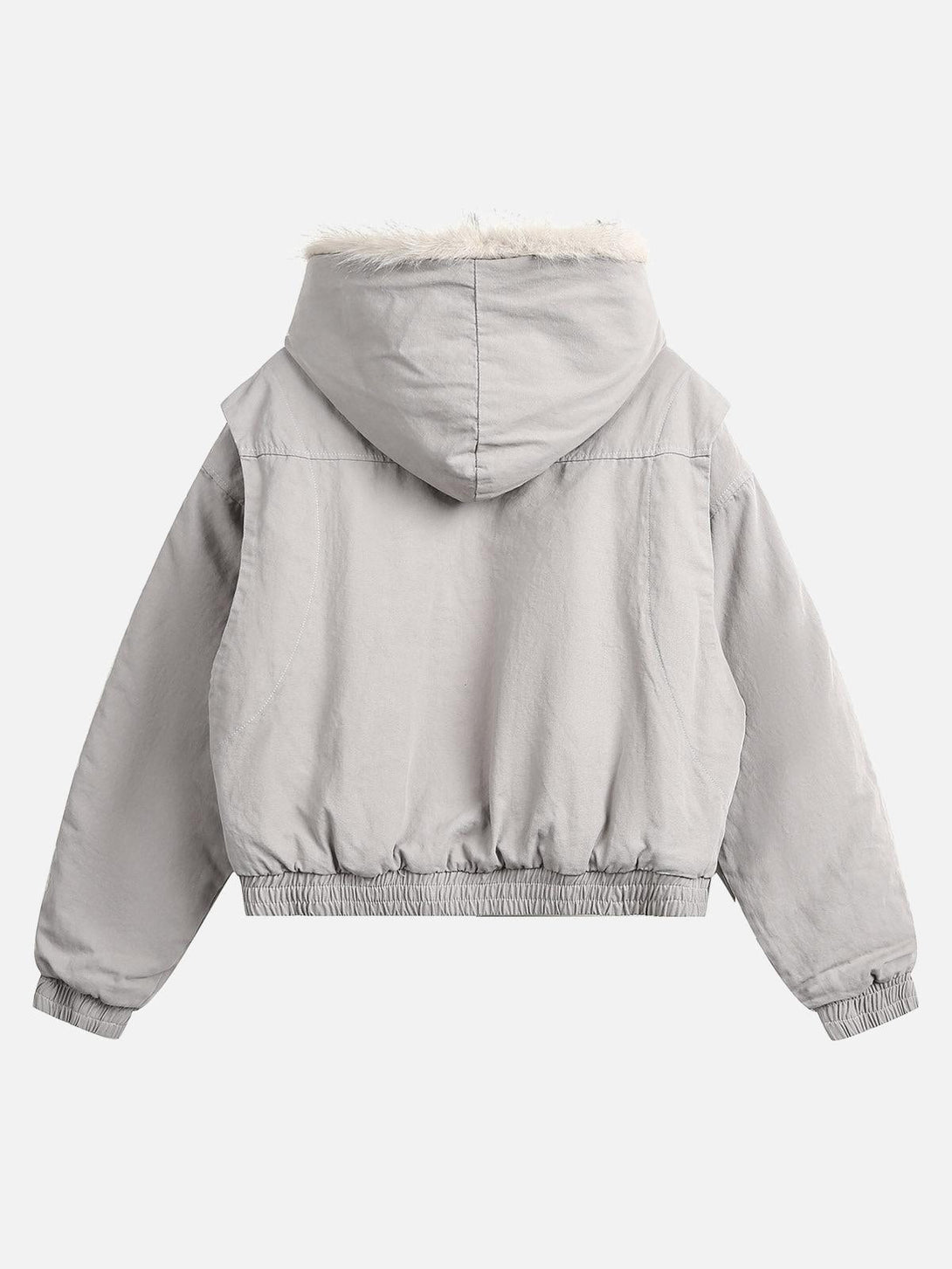 Back view of TALISHKO's gray quilted jacket with a cozy fur-lined hood, ideal for layering.