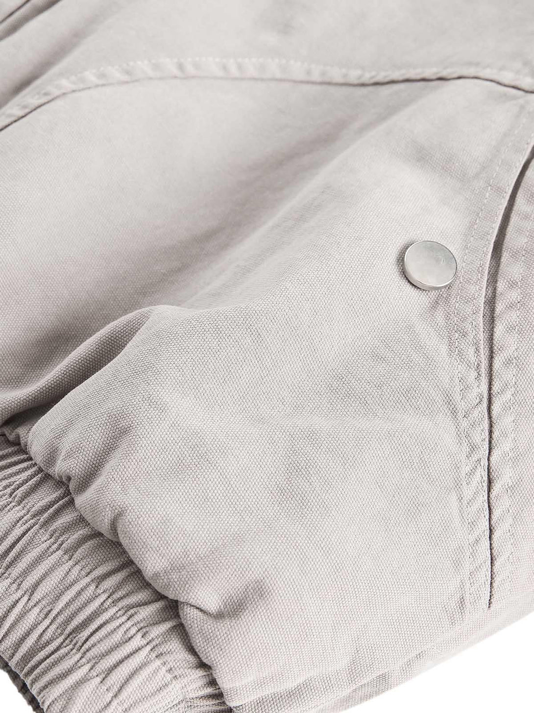 Detailed fabric and stitching of TALISHKO's quilted jacket, highlighting the button detail.