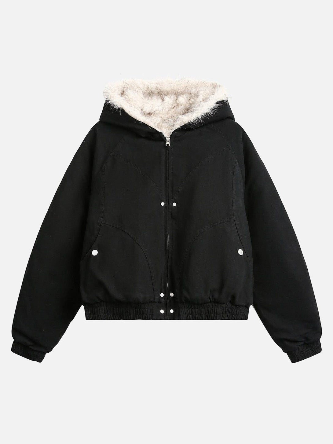 Black hooded quilted jacket with fur trim by TALISHKO, ideal for cozy winter outings.