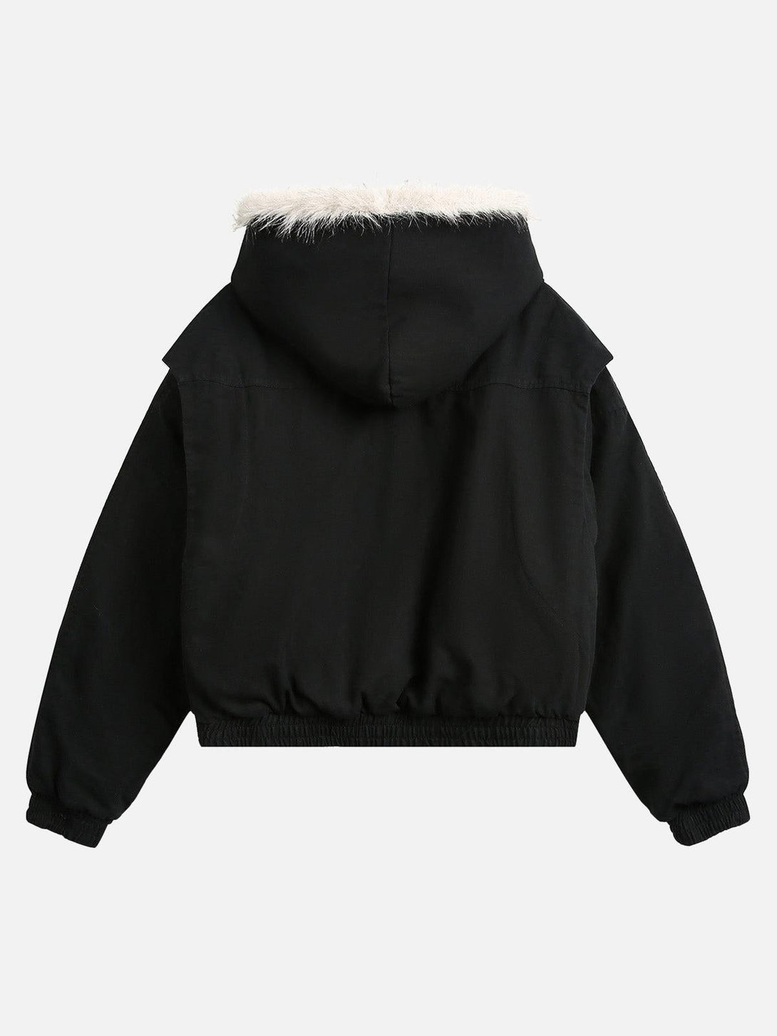 Back view of TALISHKO's black quilted jacket featuring a cozy fur-lined hood.