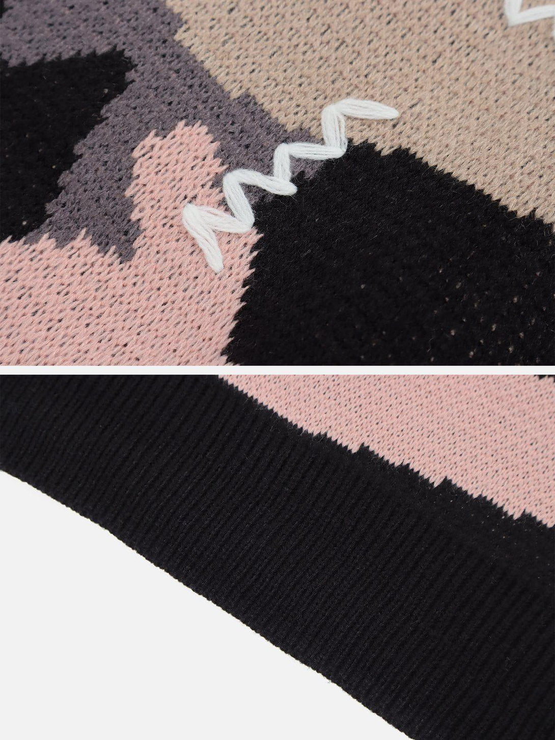 Intricate look at the TALISHKO sweater's abstract splicing design and textured stitching detail.