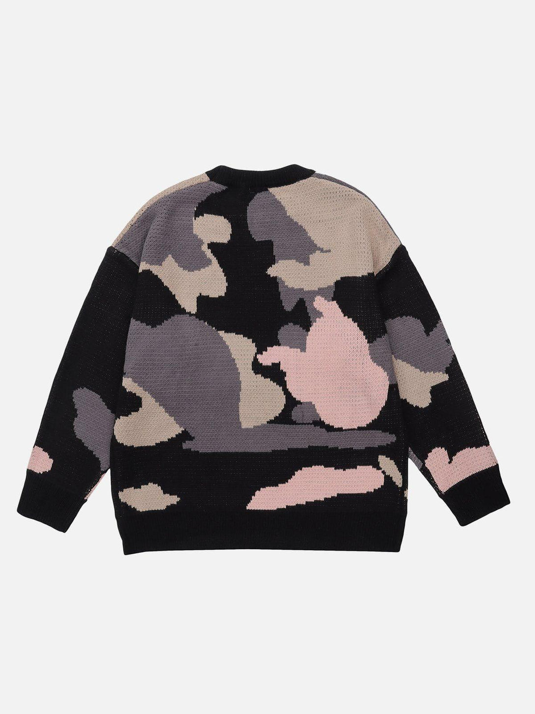 Back view of a TALISHKO sweater featuring an abstract splicing pattern in muted tones.