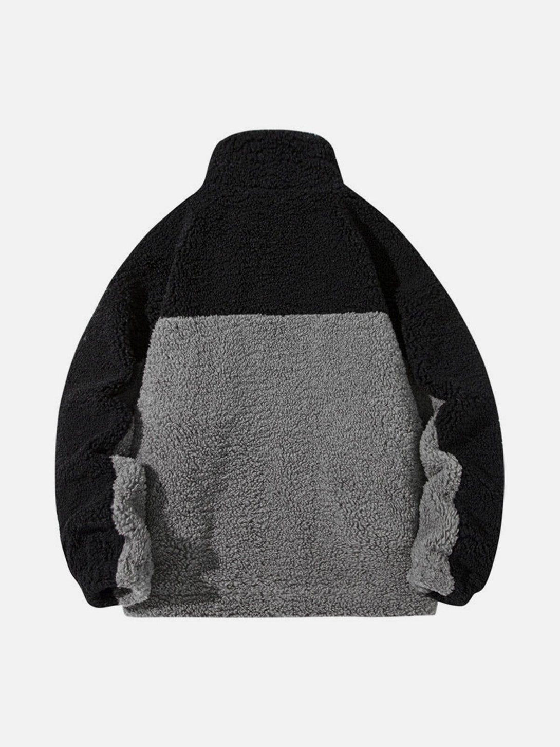 Back view of a splicing Sherpa winter coat by TALISHKO, featuring textured black and gray panels.
