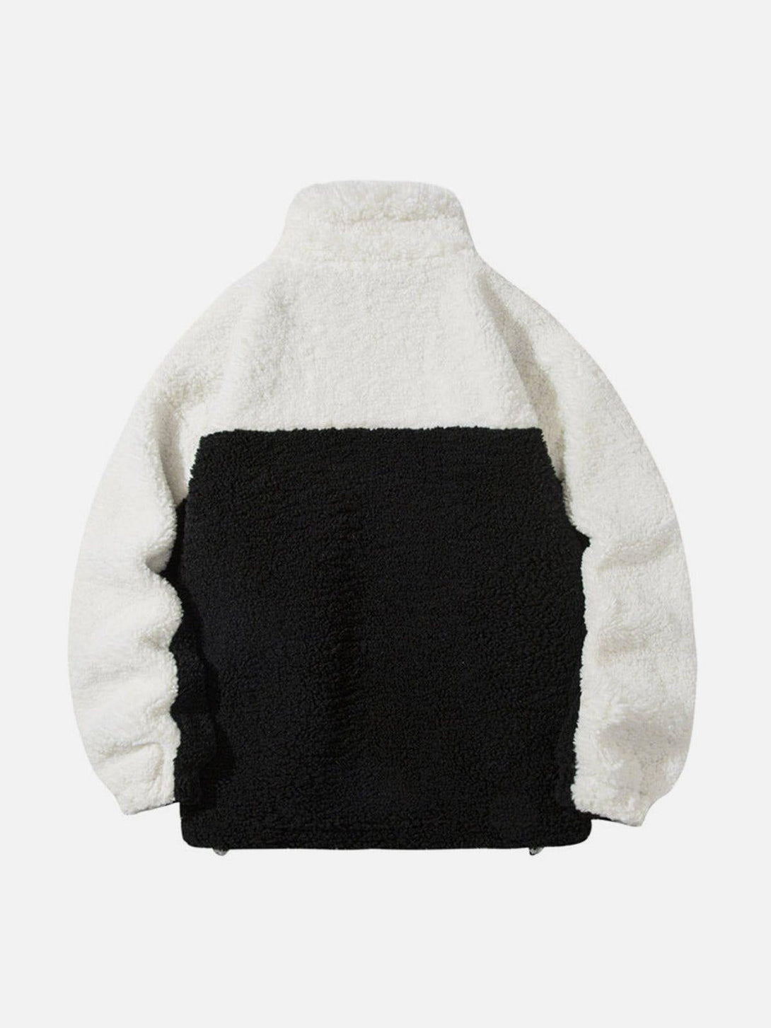 Back view of a cozy splicing Sherpa winter coat by TALISHKO in black and white tones.