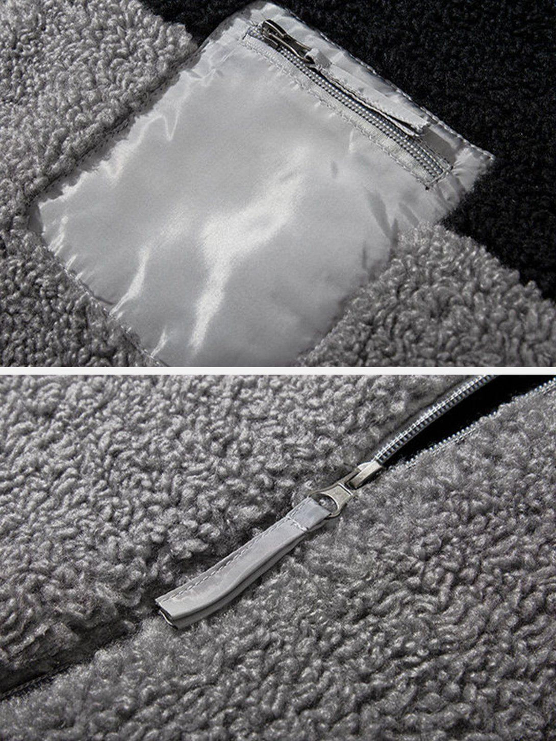 Intricate look at the zipper and pocket detail of a splicing Sherpa winter coat by TALISHKO.