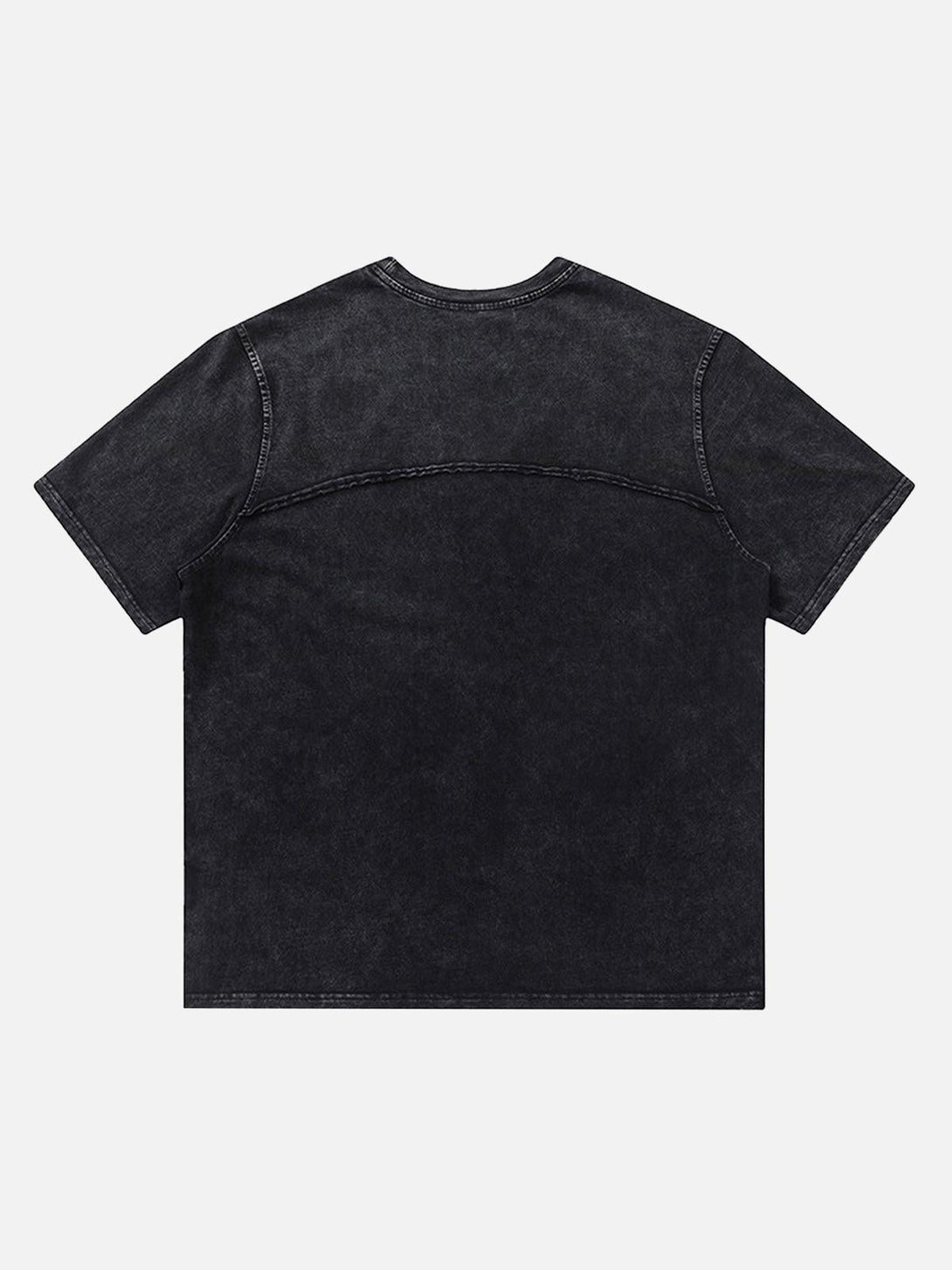 Back view of a TALISHKO split raw edge short sleeve T-shirt in black, highlighting casual style.