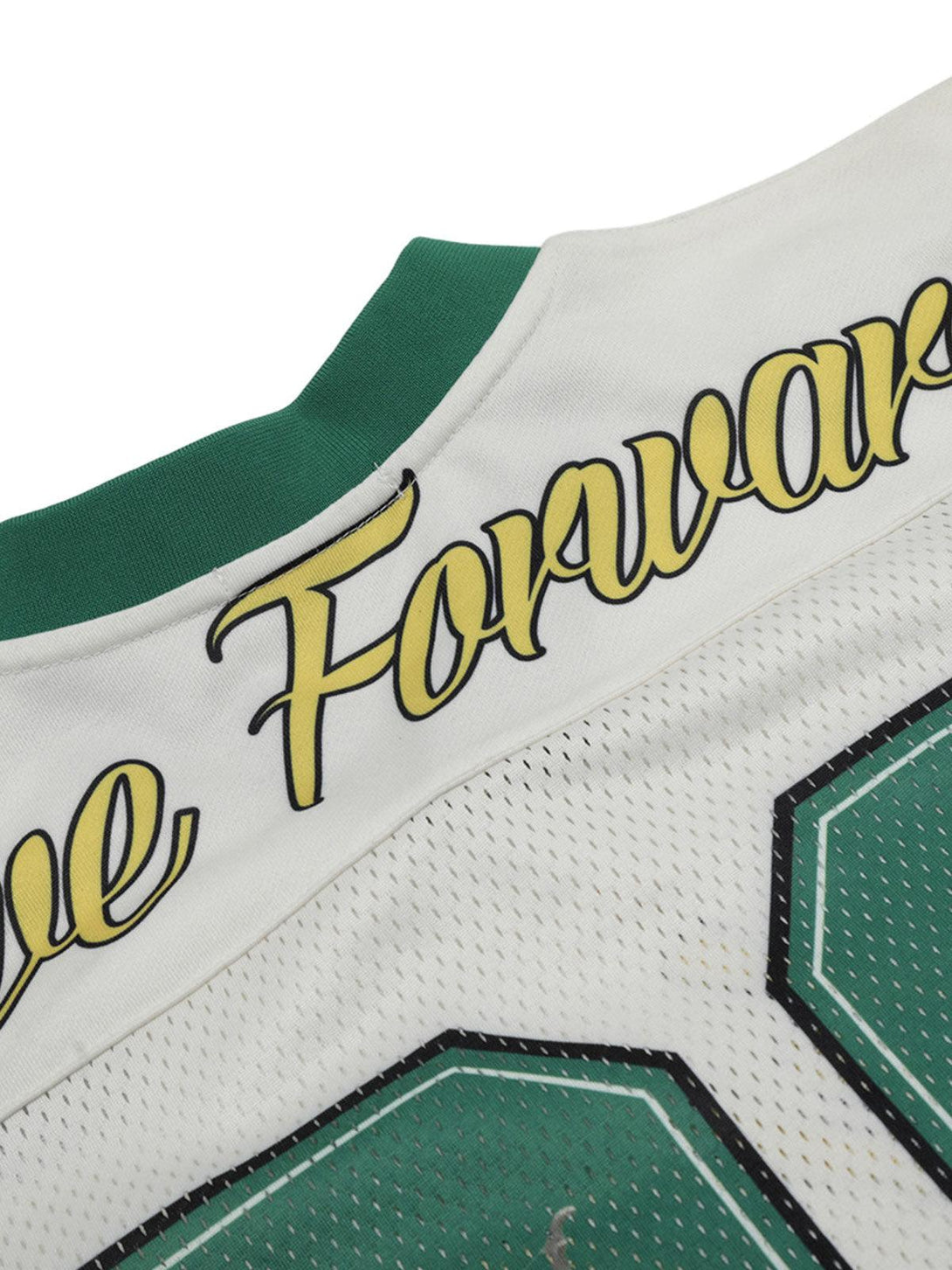 A detailed look at the "Move Forward" lettering on a TALISHKO sports jersey V-neck T-shirt.