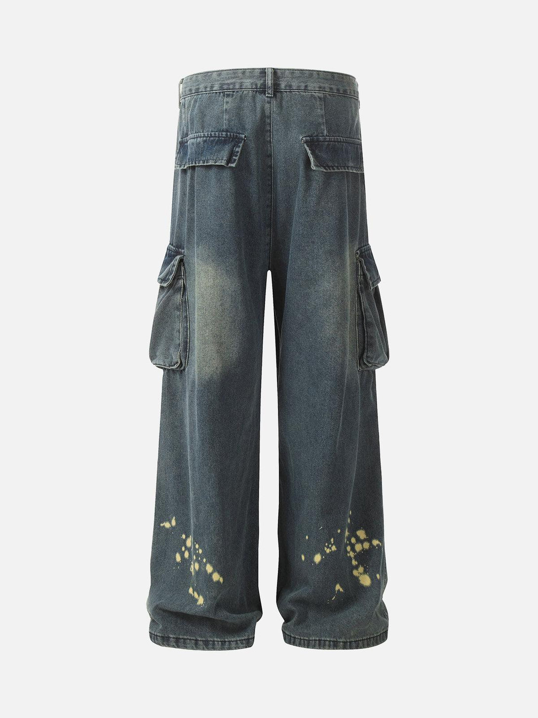 Back view of spray-painted cargo jeans with pleated details by TALISHKO, showcasing unique style.