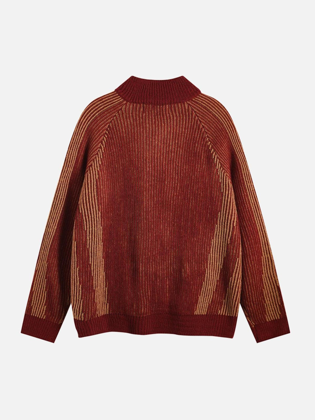 Back view of a red and brown striped stand collar sweater by TALISHKO, featuring a ribbed texture.