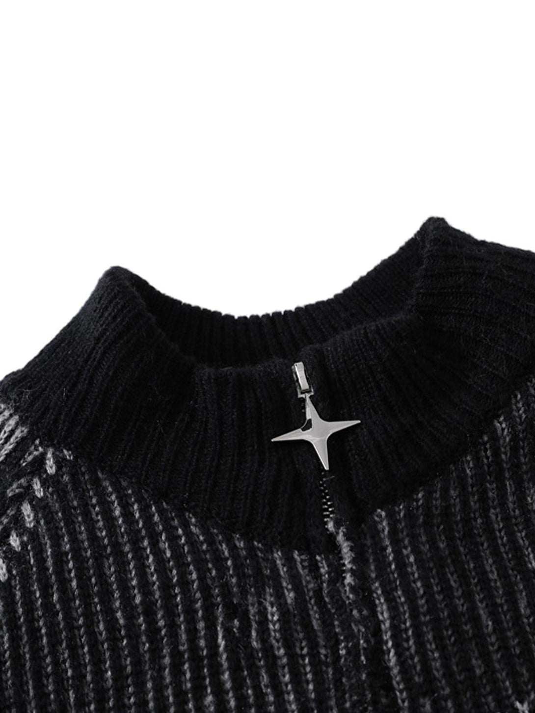 A detailed look at the stand collar and zip detail of TALISHKO's stylish cardigan sweater.