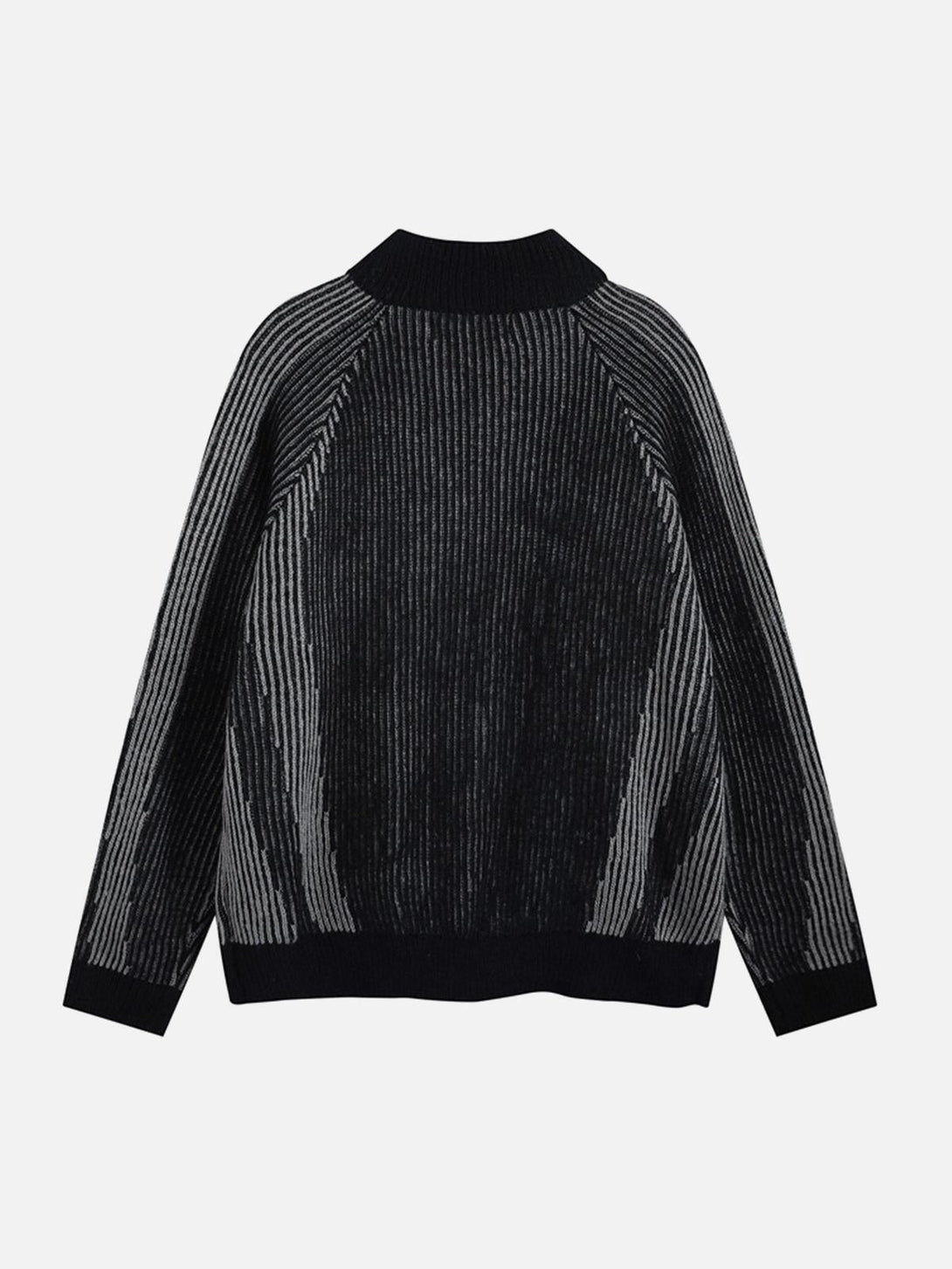 Back view of a striped stand collar cardigan by TALISHKO, showcasing sleek design details.