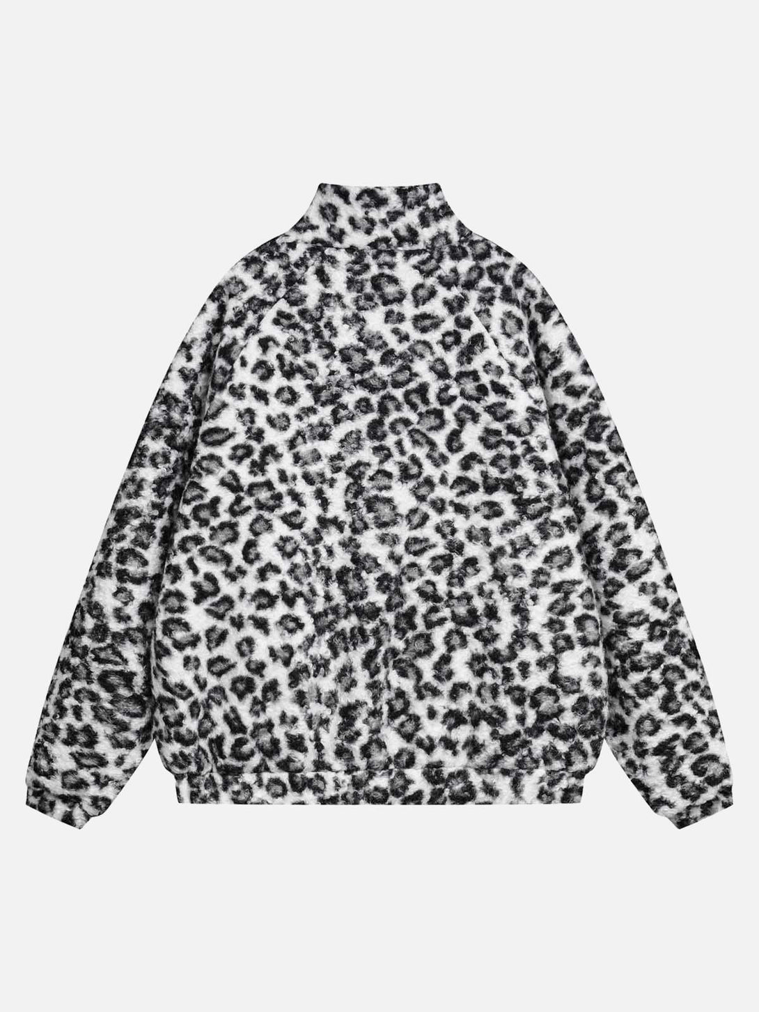 Back view of TALISHKO's cozy fleece jacket in a striking cheetah pattern with a stand collar.