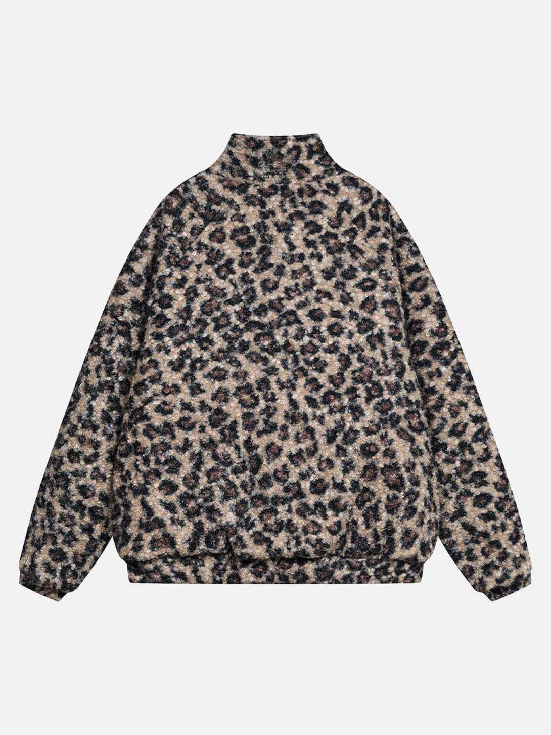 Back view of TALISHKO's stand collar fleece jacket featuring a bold cheetah print design.