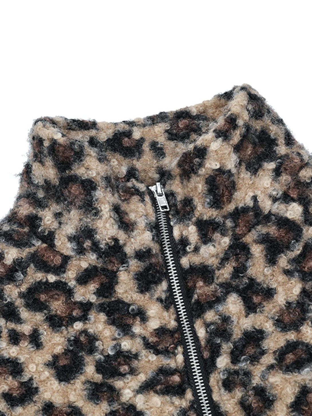 Zoomed-in texture of TALISHKO's cheetah print fleece jacket with a stylish stand collar.