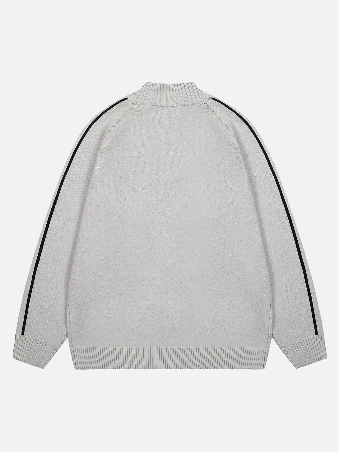 Back view of a gray TALISHKO cardigan with black piping along the sleeves, showcasing a cozy fit.
