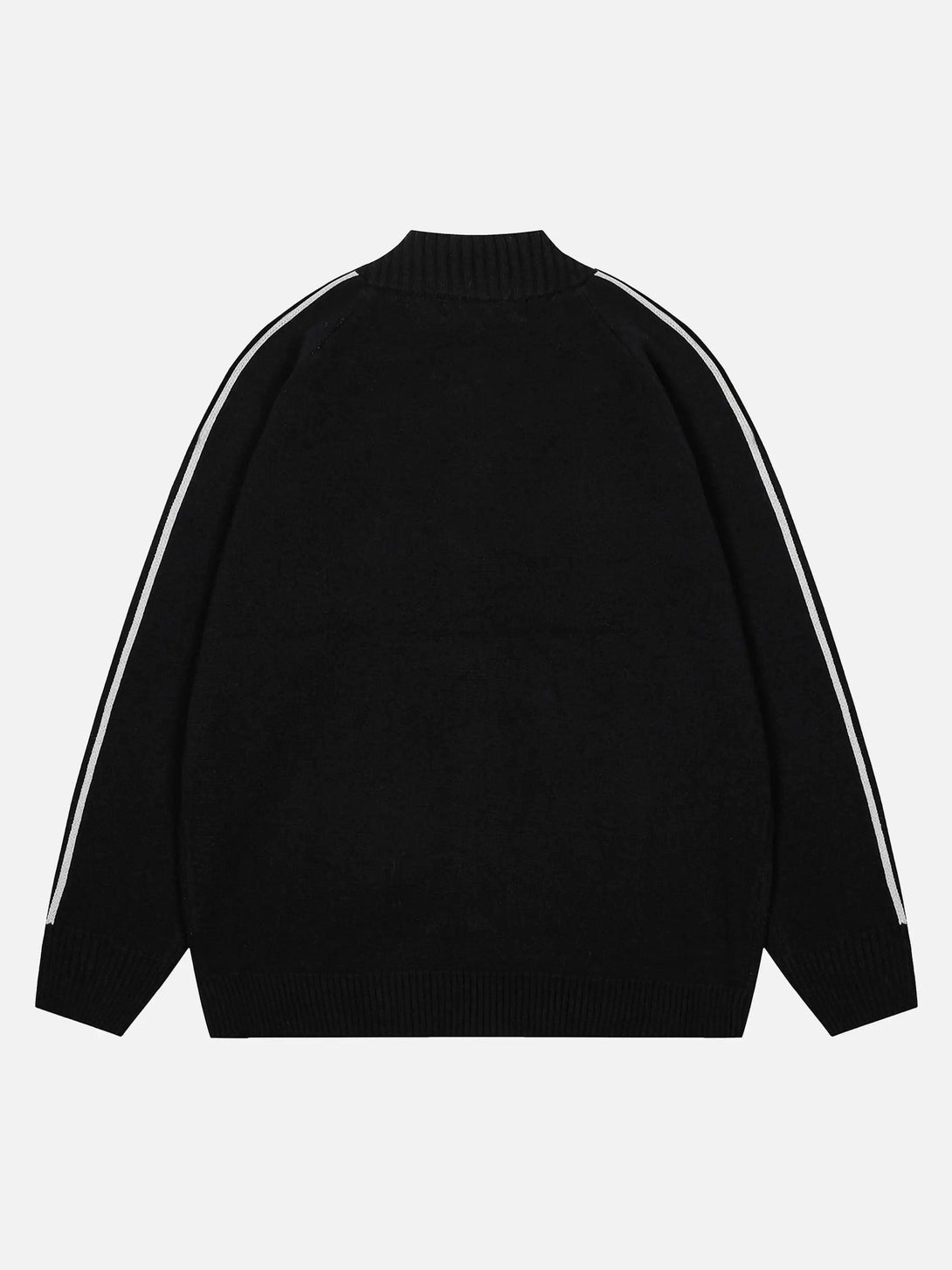 Back view of a black stand collar racing zip-up cardigan by TALISHKO, featuring sleek white stripes.