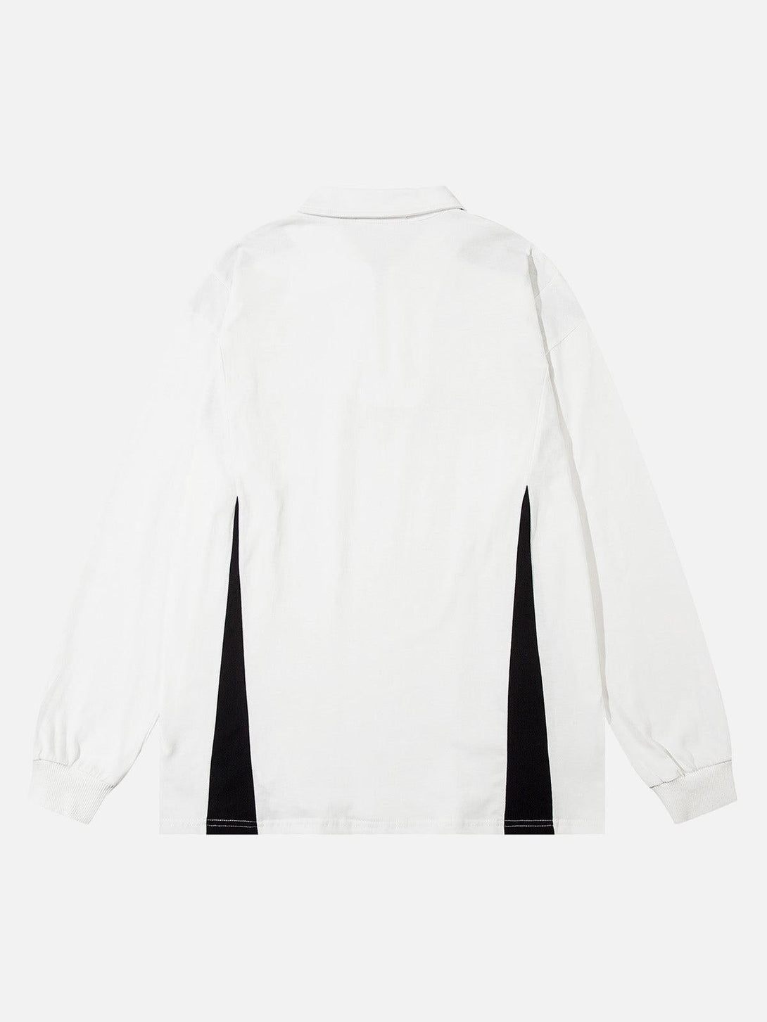 Back view of TALISHKO's white long sleeve shirt with black color-blocking accents.