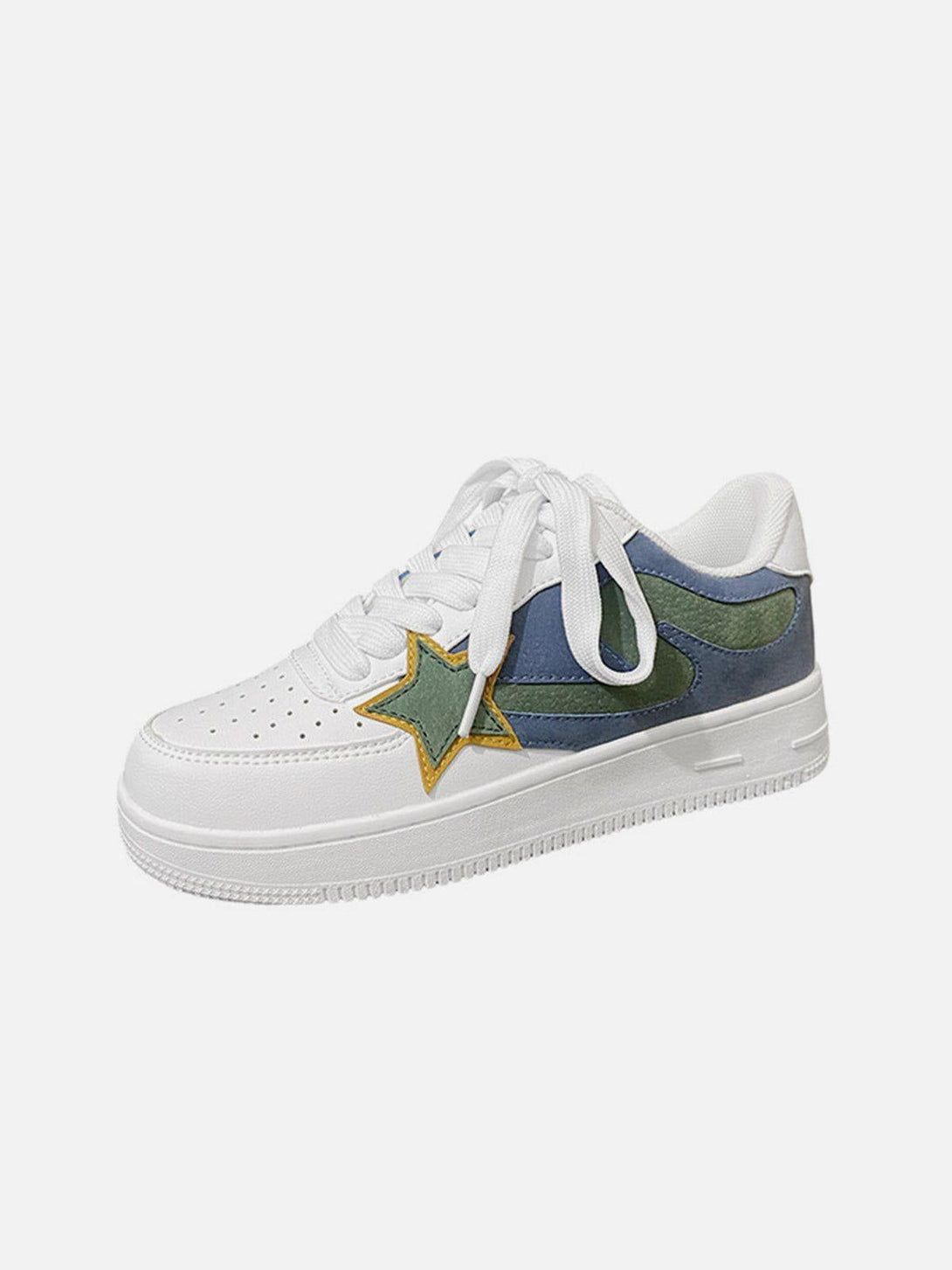 Side view of TALISHKO casual shoes featuring a green and blue star design on a white base.