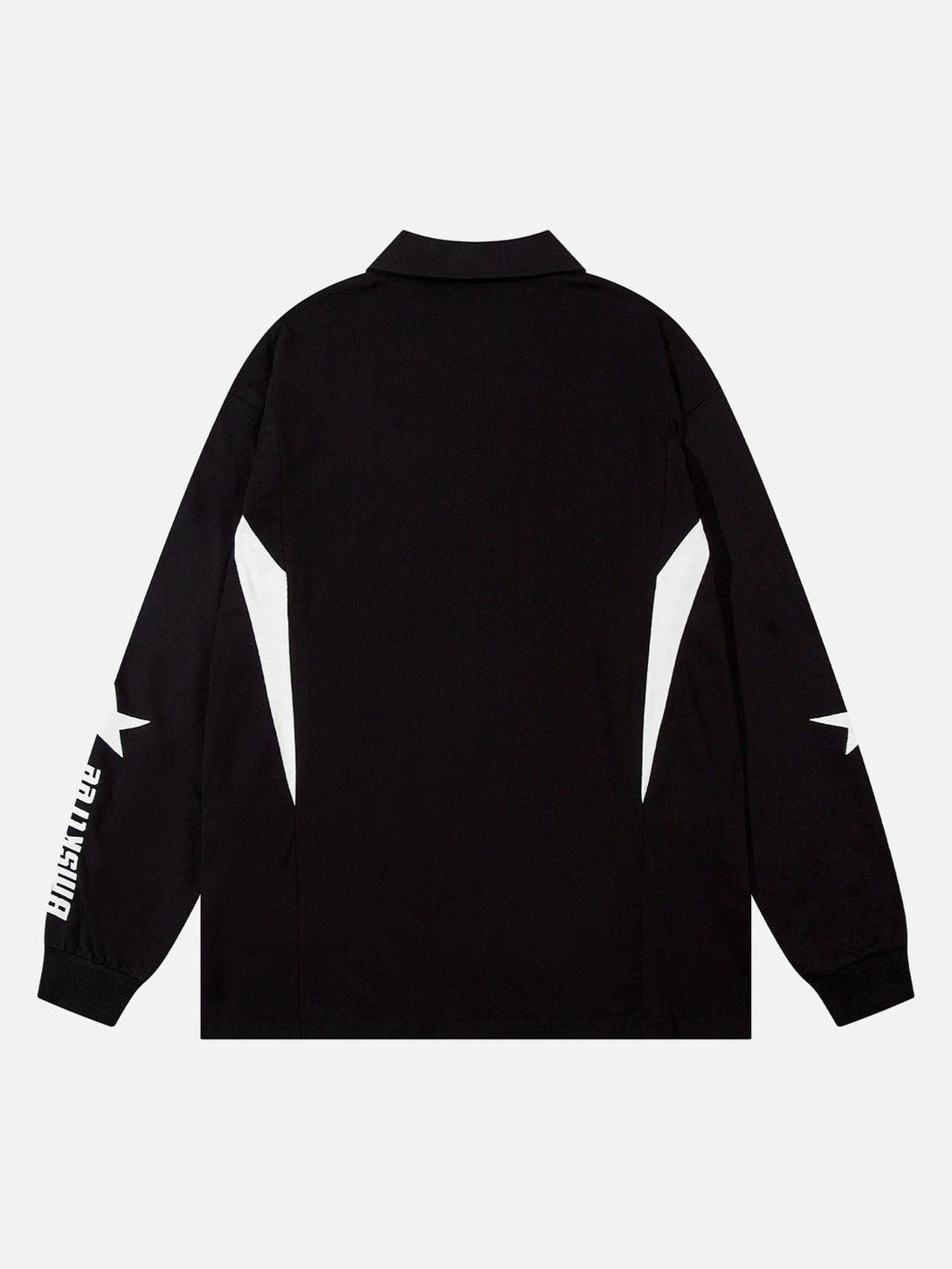 Back view of black long sleeve shirt by TALISHKO, featuring bold white star accents.