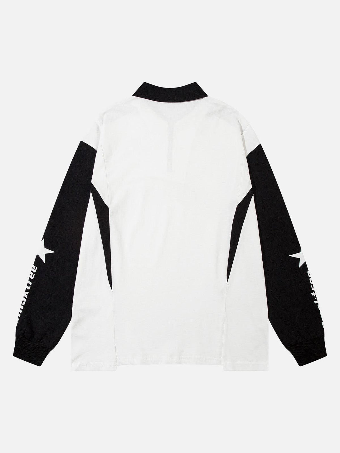 Back view of white and black long sleeve shirt by TALISHKO, showcasing star details.