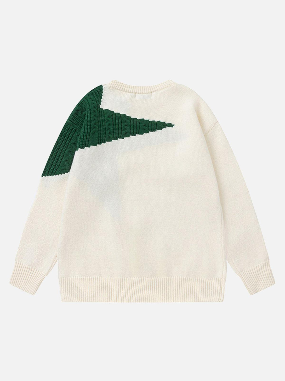 Back view of a cream knit sweater with a green star design, crafted by TALISHKO.