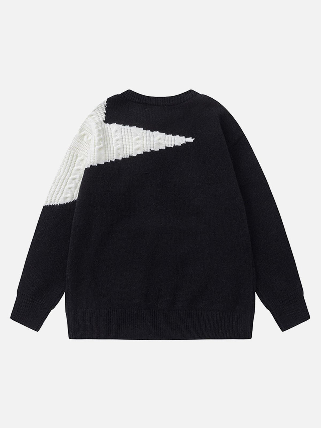 Back view of a black knit sweater with a white star pattern, designed by TALISHKO.