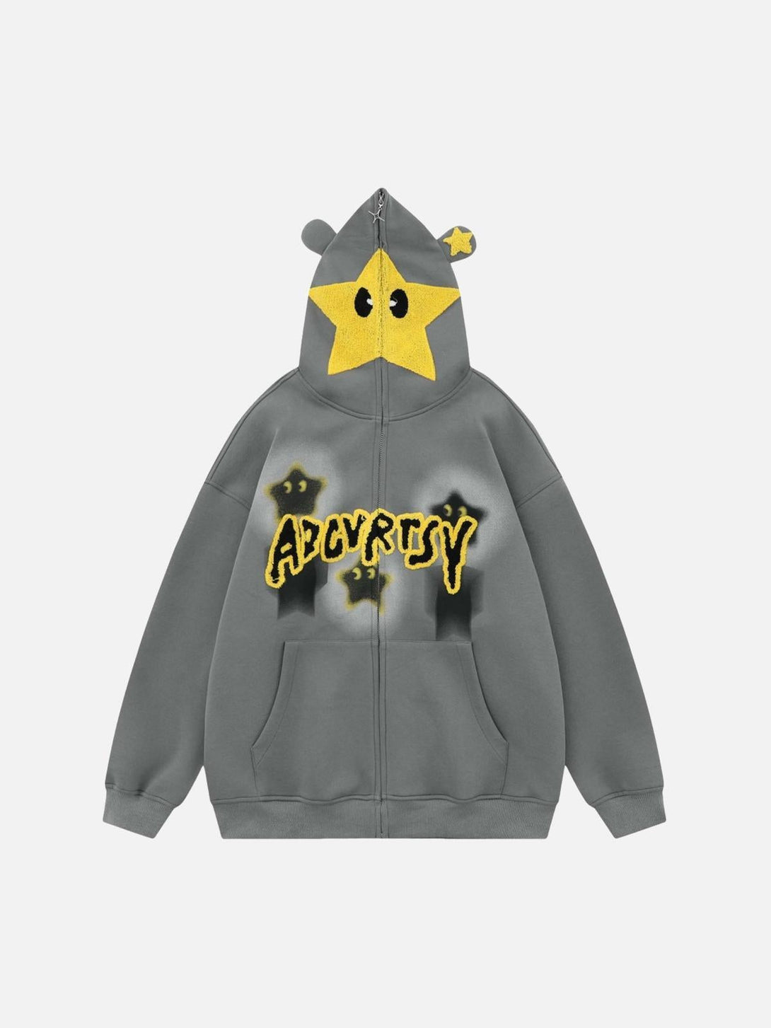 Gray star-themed hooded sweatshirt by TALISHKO with playful yellow star embroidery.