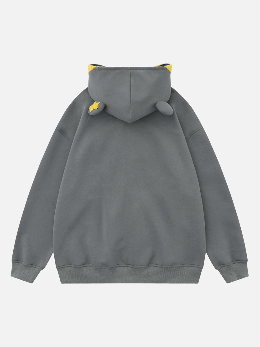 Back view of TALISHKO hooded sweatshirt with yellow star accents and playful ear details.