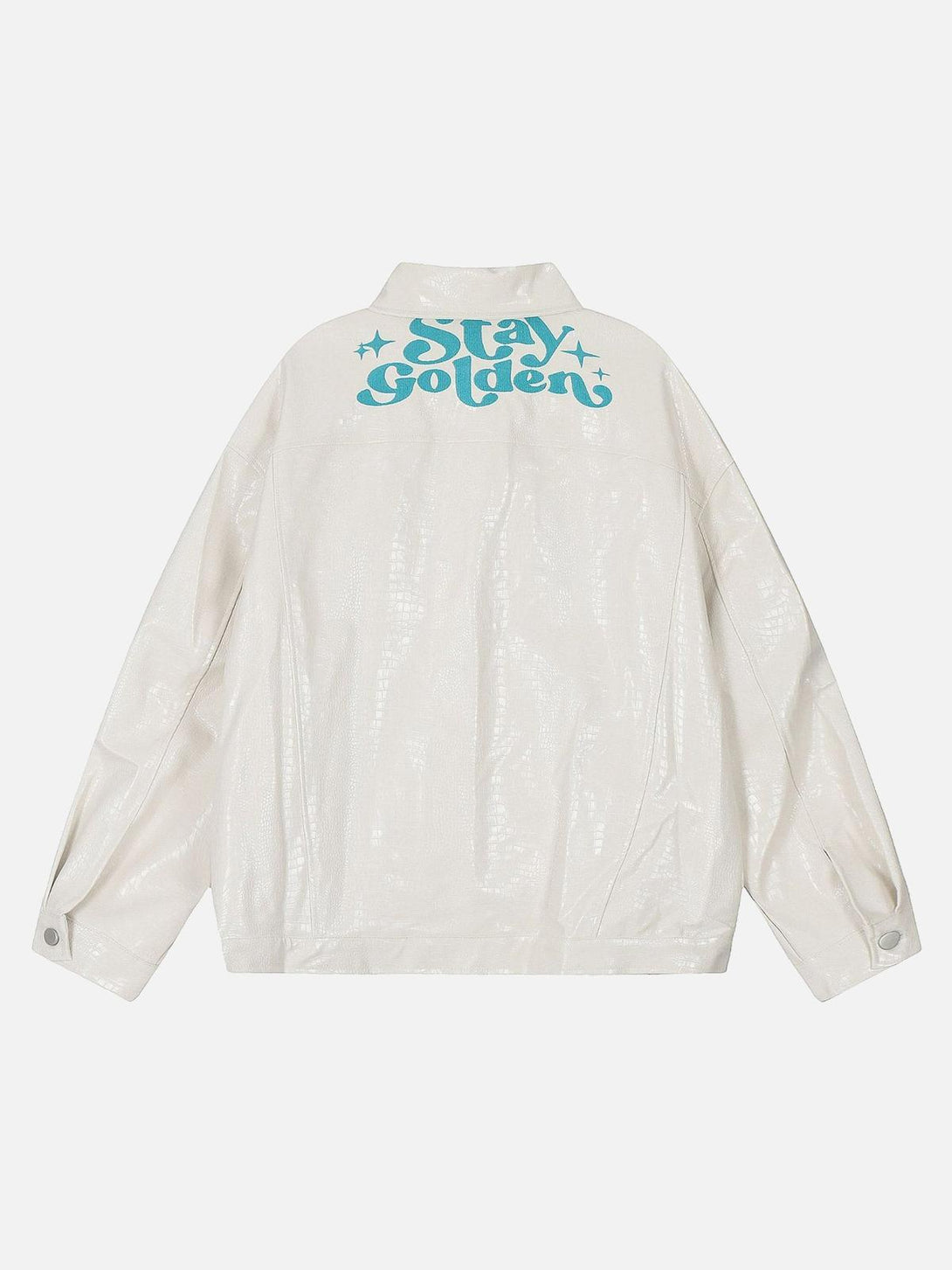 Back view of TALISHKO PU leather jacket with blue "Stay Golden" text, adding a retro touch.