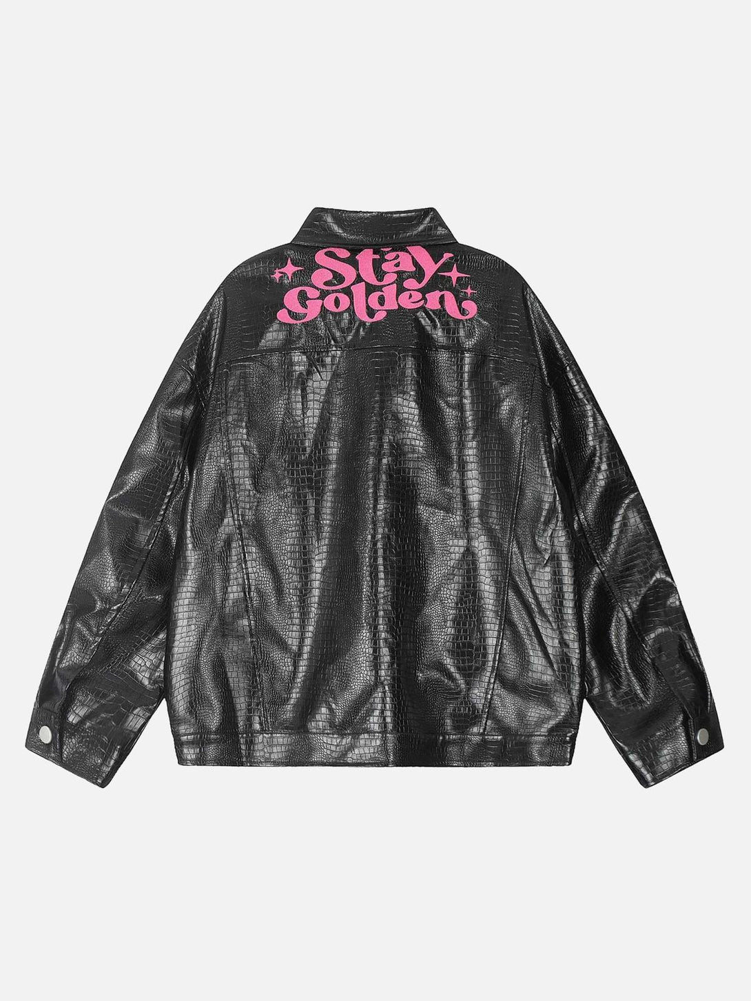 Back view of TALISHKO PU leather jacket with pink "Stay Golden" text, offering edgy style.