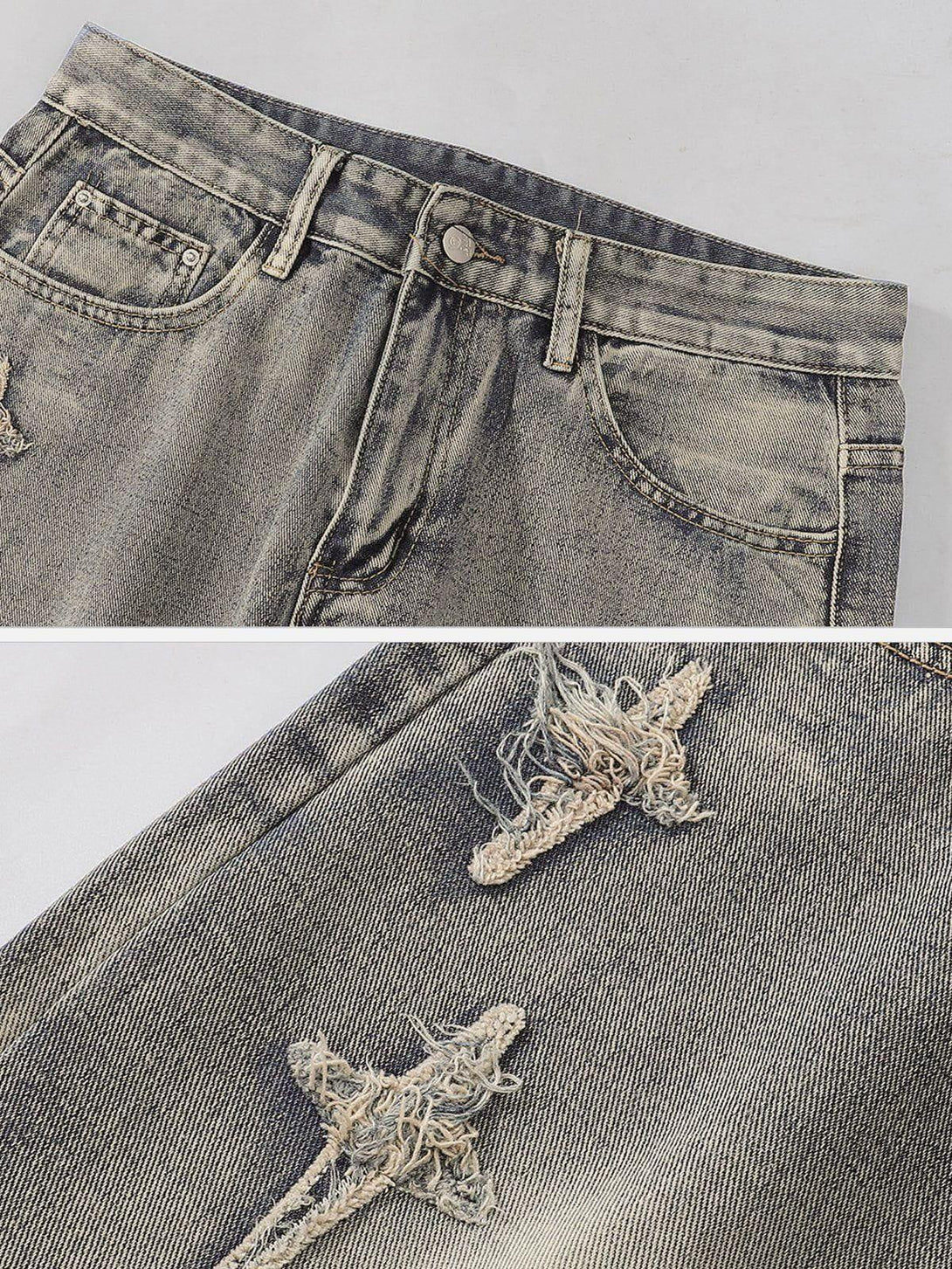 Detailed fabric and stitching on TALISHKO star embroidered washed jeans, highlighting unique texture.