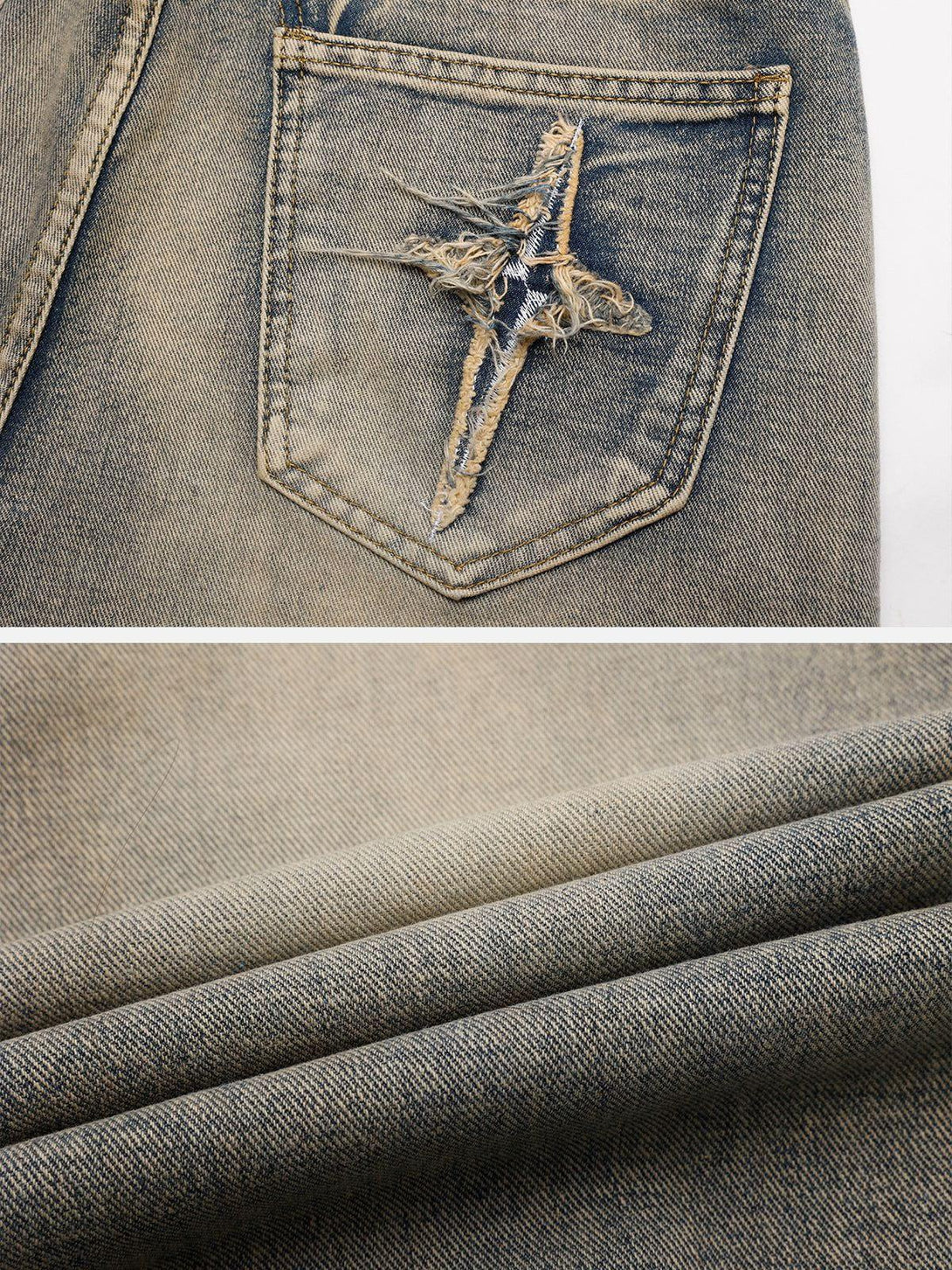 A close-up of the star embroidery on TALISHKO washed jeans, highlighting unique texture.