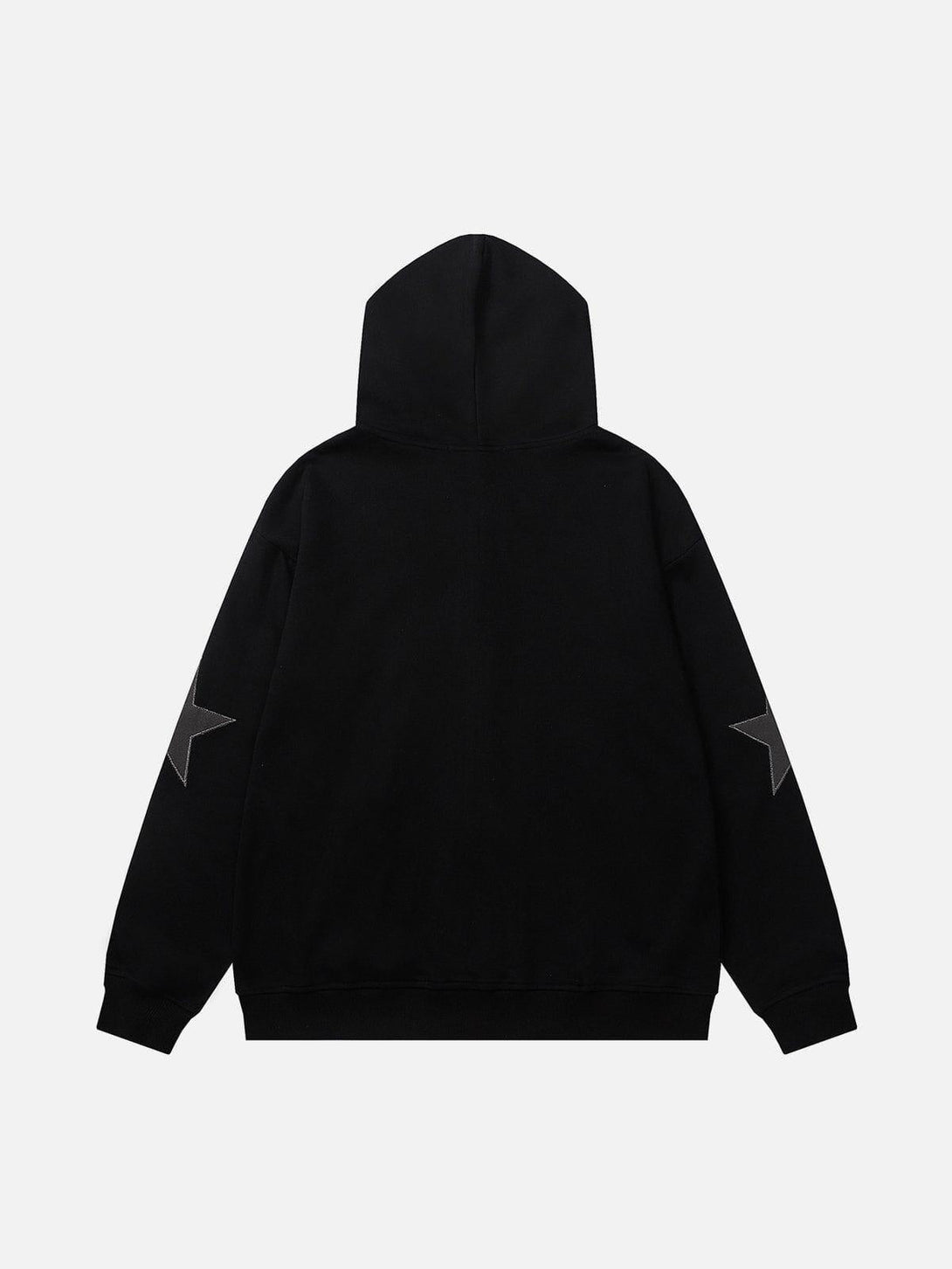 Back view of a black hoodie by TALISHKO, featuring star accents on the sleeves.