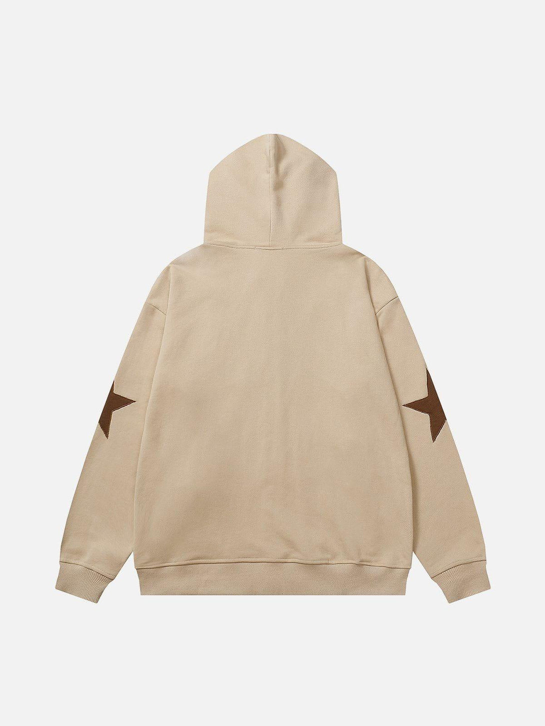Back view of a tan star graphic print hoodie by TALISHKO, showcasing bold star sleeve accents.