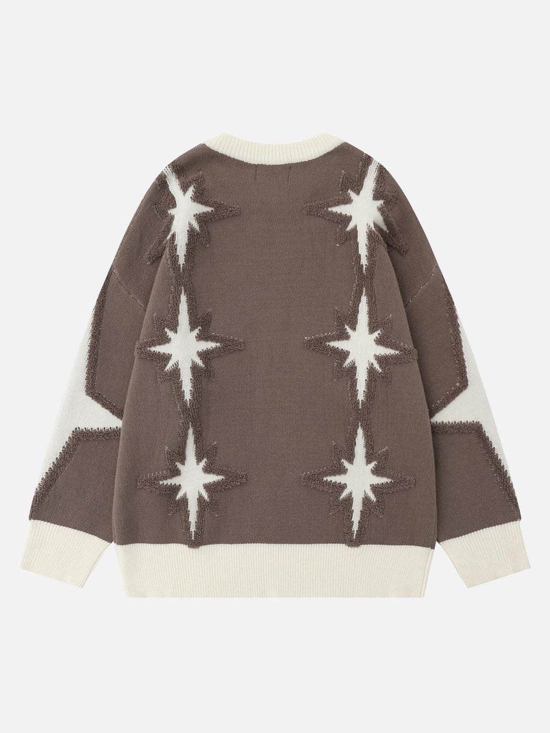 Back view of TALISHKO star-patterned crew neck sweater in brown, highlighting bold jacquard design.