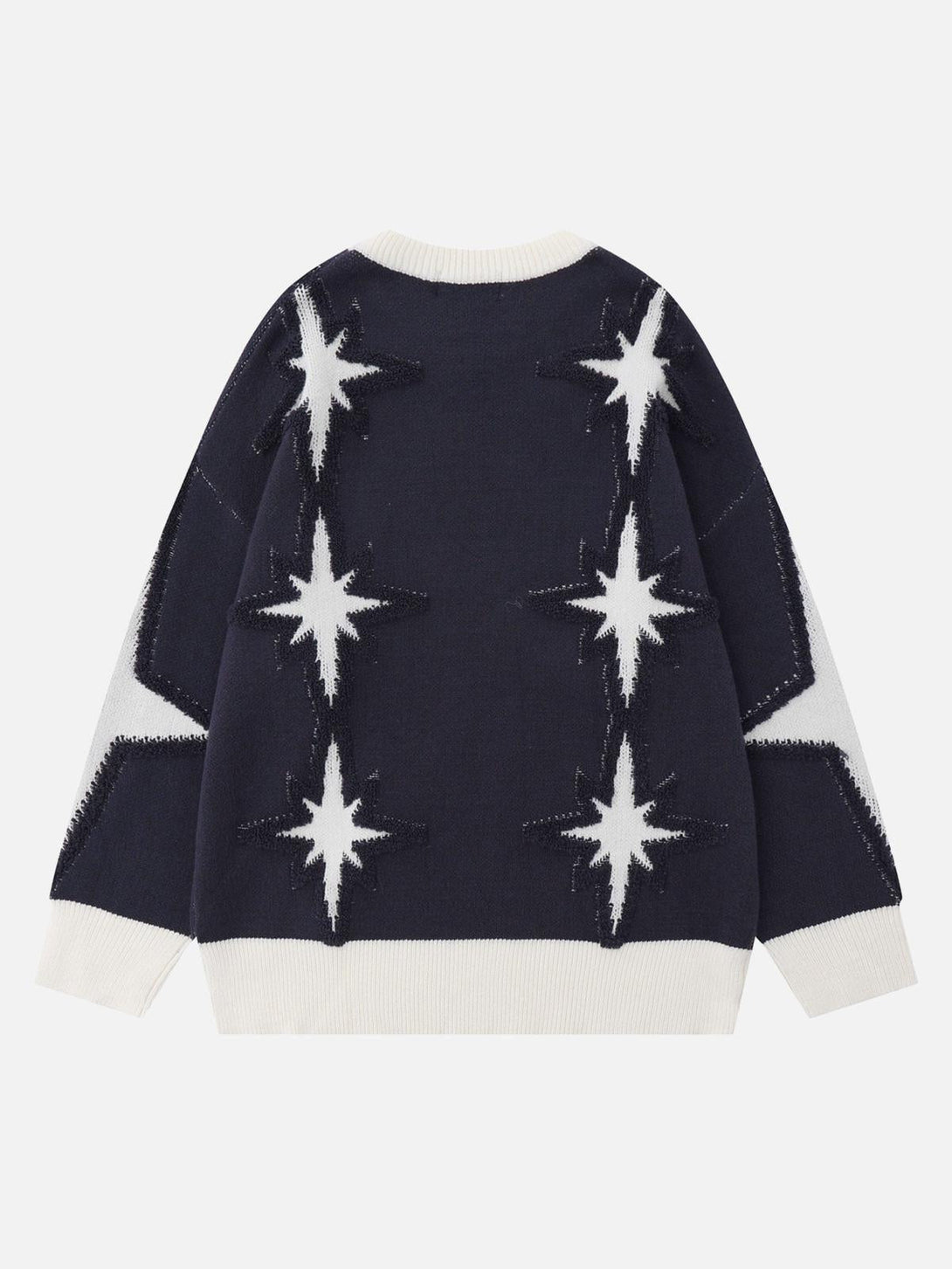 Back view of navy star jacquard crew neck sweater by TALISHKO, featuring striking star patterns.