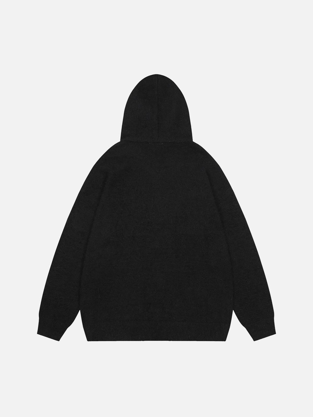 Back view of TALISHKO's black hooded zip-up cardigan sweater, highlighting its simple design.
