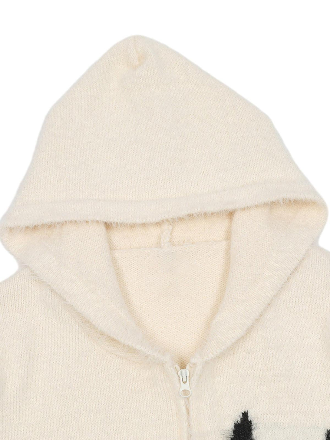 A detailed look at TALISHKO's hooded zip-up cardigan sweater, highlighting its soft texture.