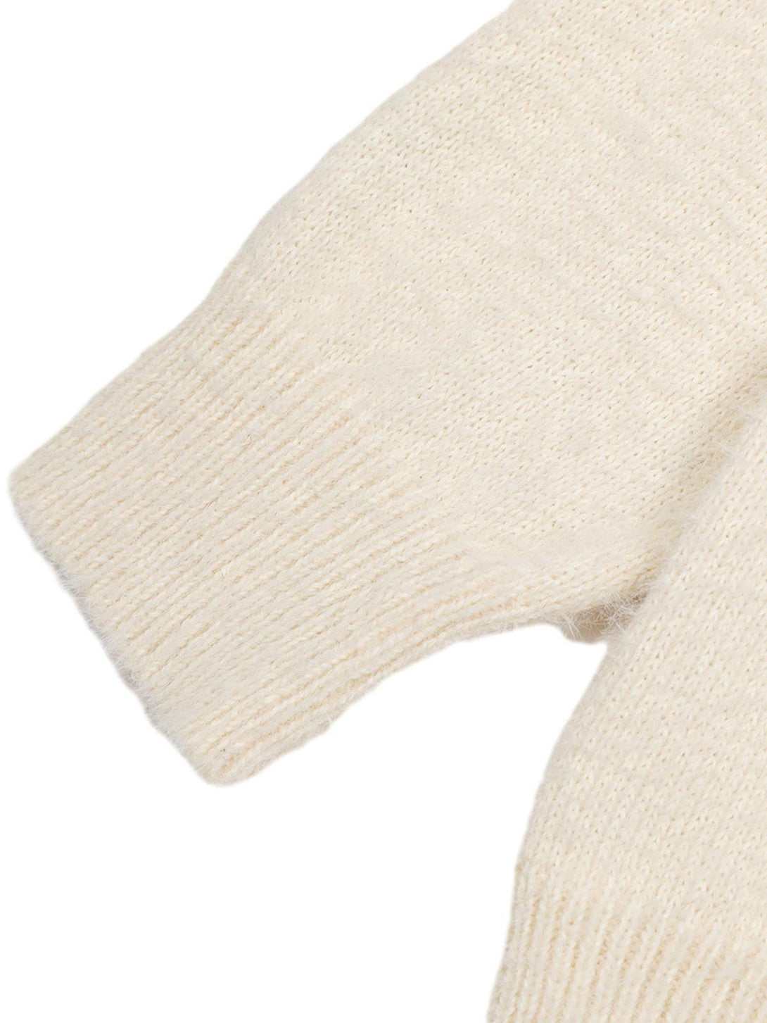Detailed fabric and stitching on TALISHKO's cozy hooded cardigan sleeve, showcasing texture.