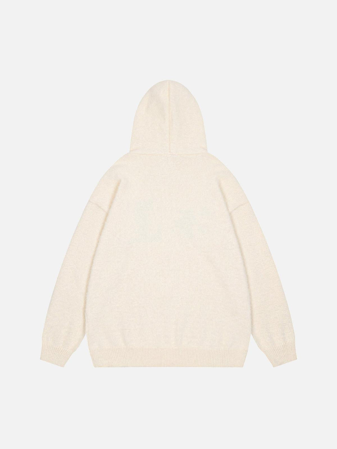 Back view of TALISHKO's cozy white hooded cardigan sweater, showcasing its relaxed fit.