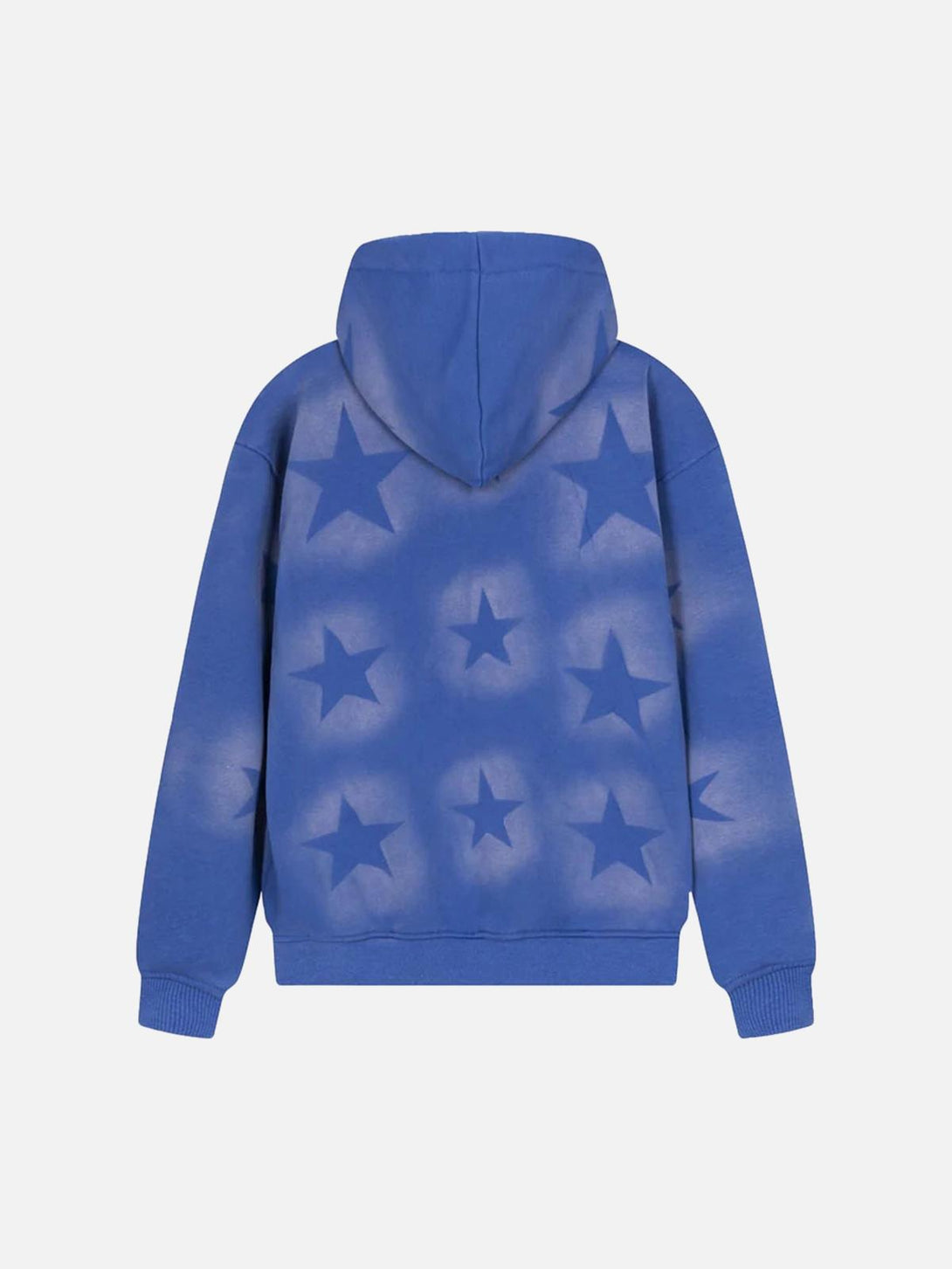 Back view of a blue TALISHKO hoodie adorned with star patterns, offering a unique casual vibe.