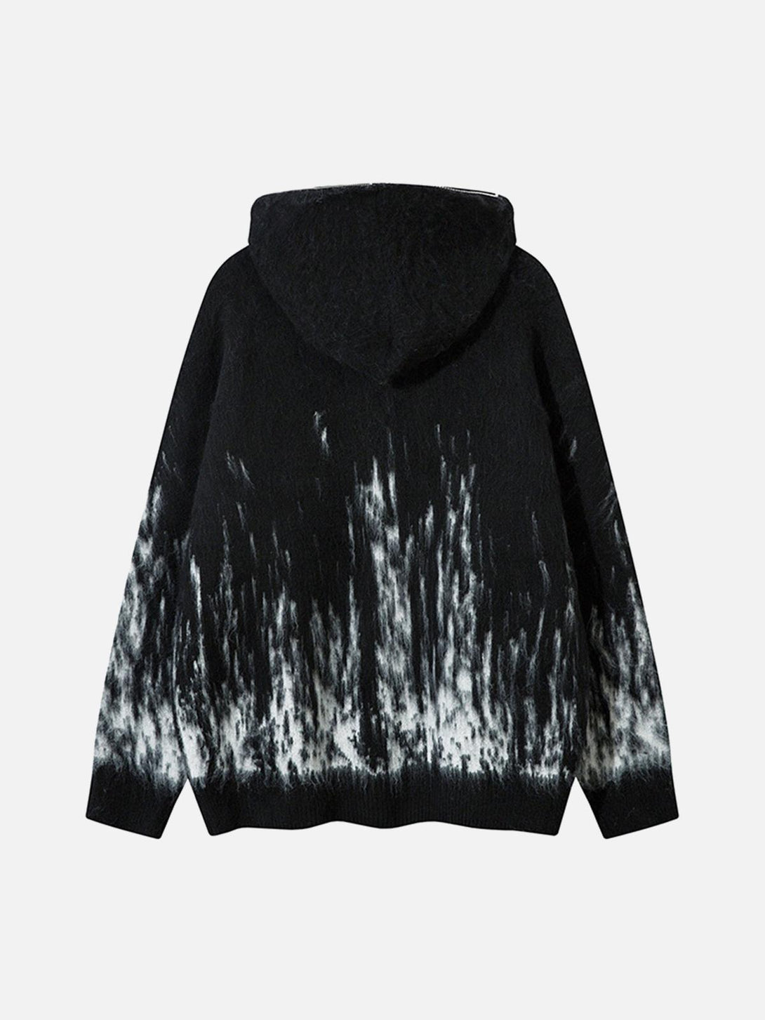 Back view of a black mohair hooded sweater by TALISHKO, showcasing a striking gradient pattern.