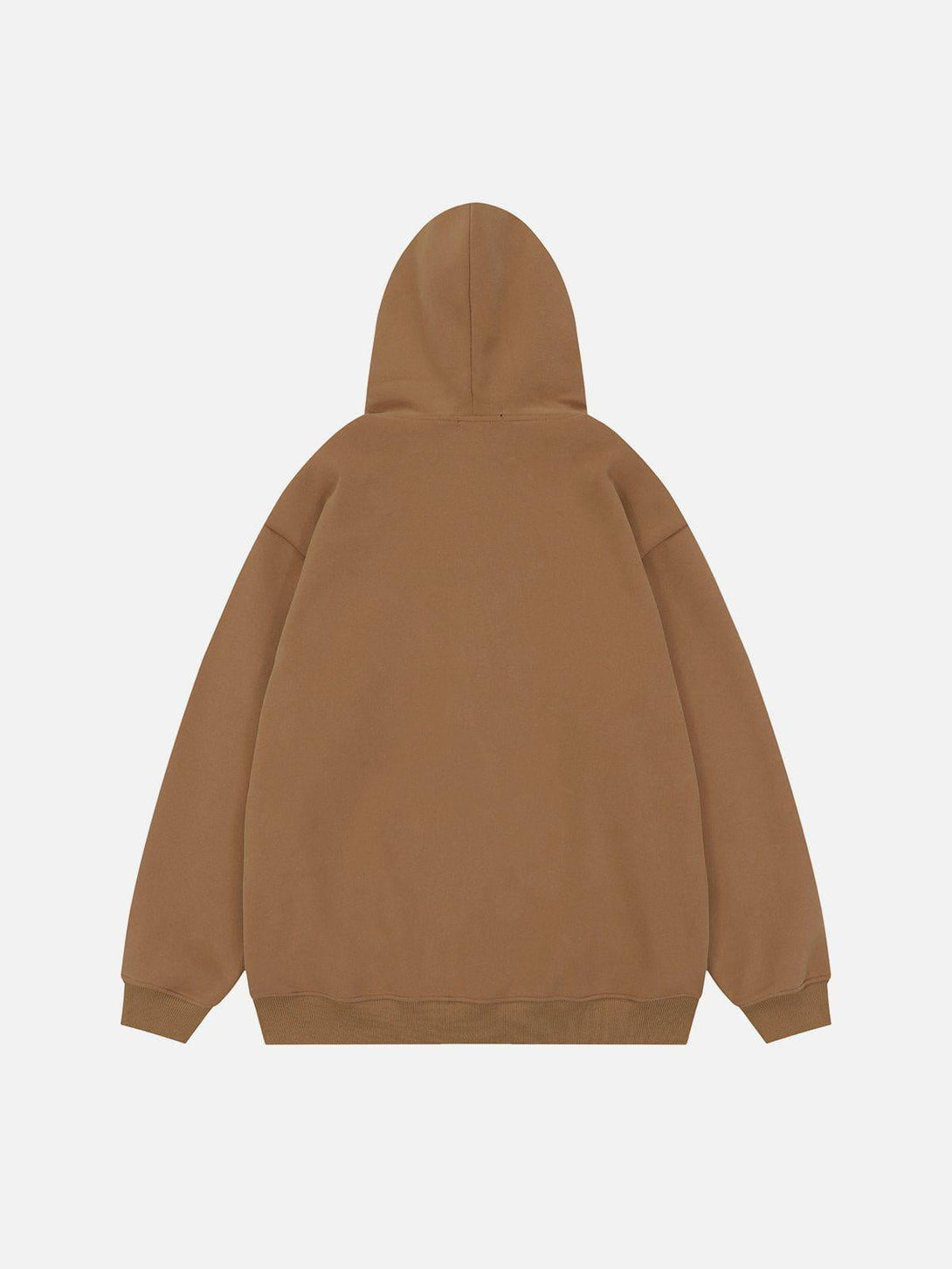 Back view of khaki fleece hoodie by TALISHKO, showcasing its relaxed fit and casual style.