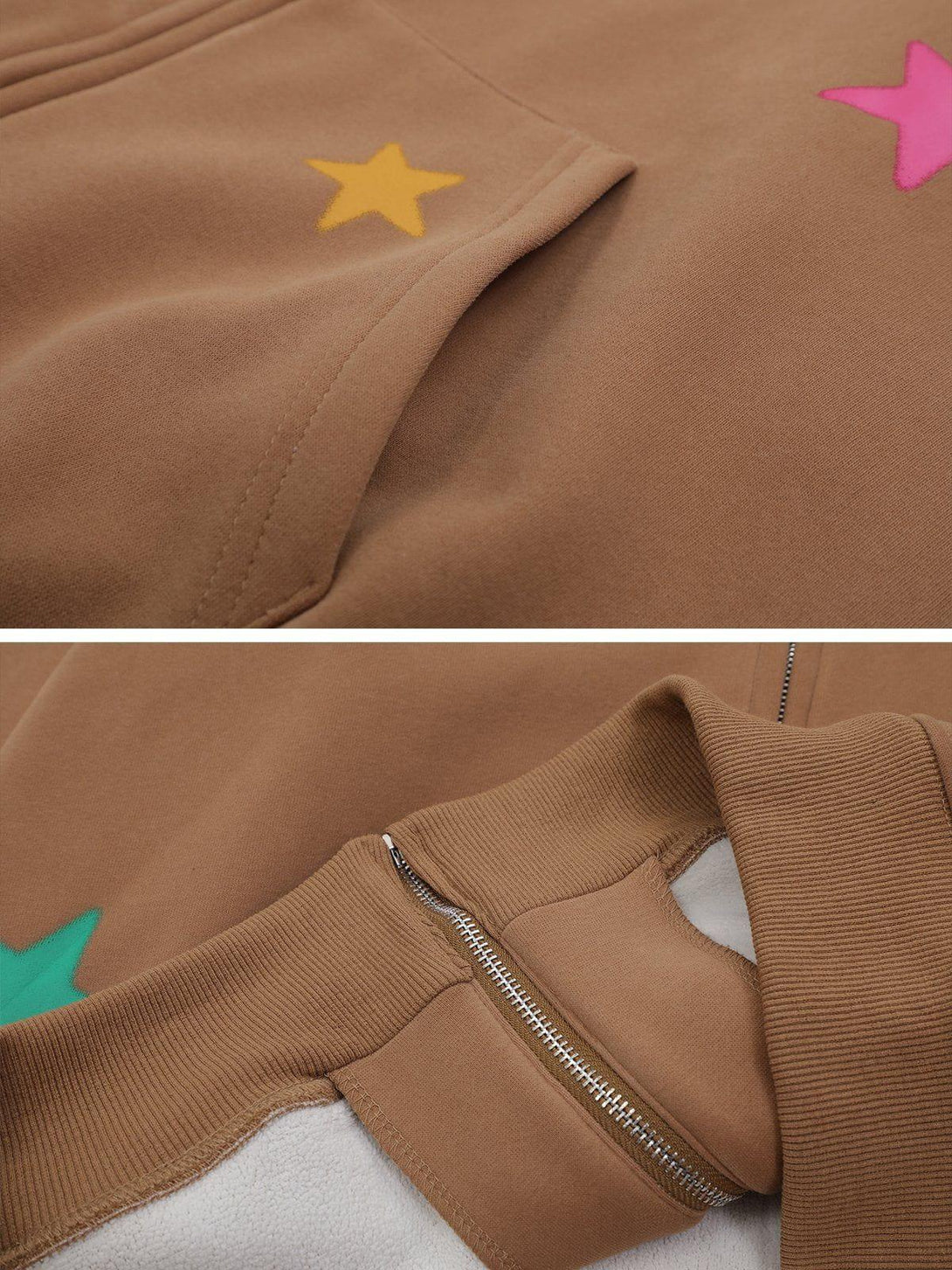 TALISHKO hoodie design detail with colorful star prints and ribbed cuffs.